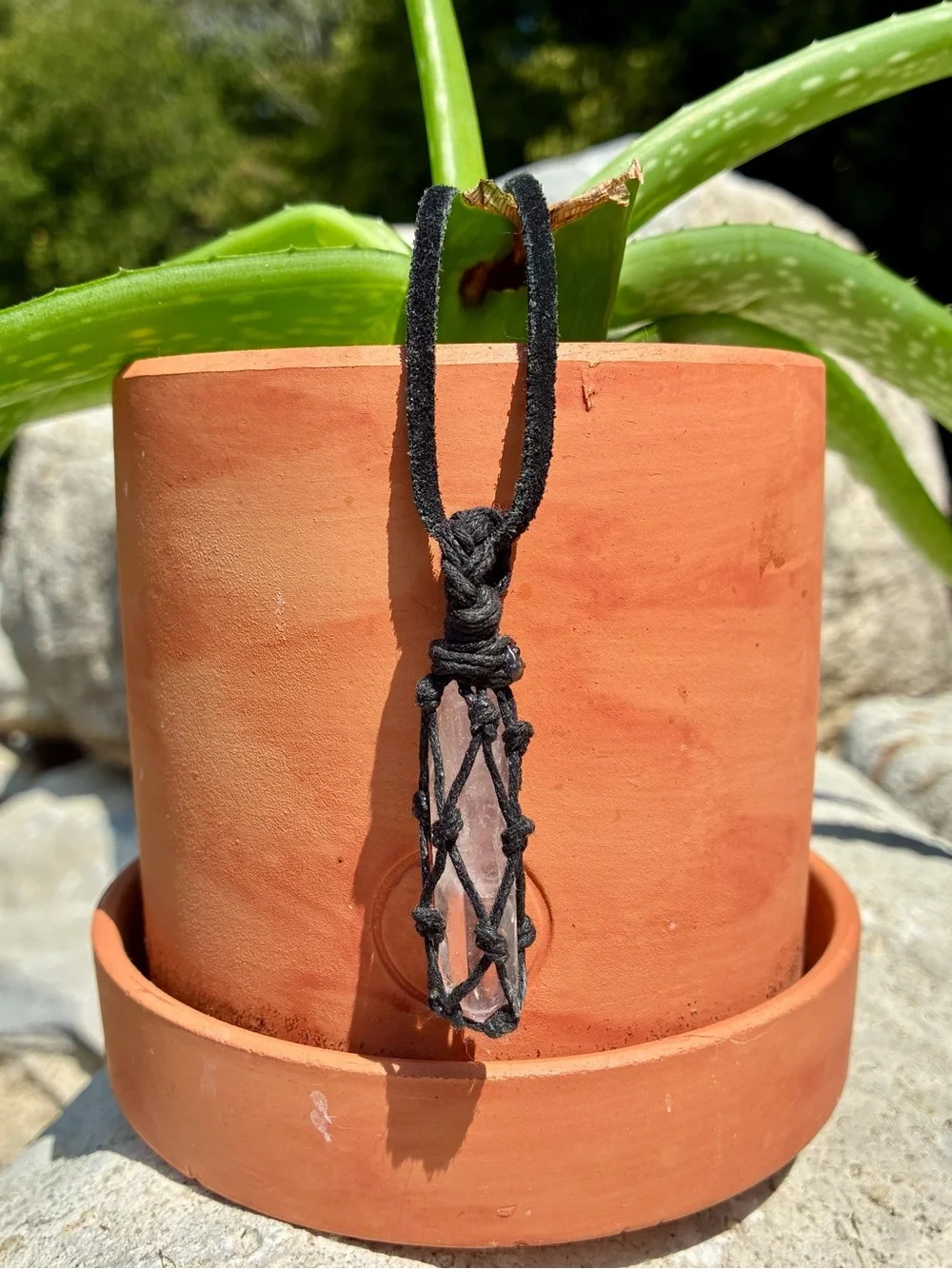 Handmade Black Cord Rose Quartz Pendant Necklace